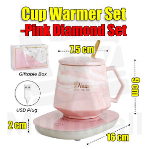Diamond Pink Marble Grey Cup Warmer Set Cup and Mug Cup with Lid Cup set Cup Heater usb Cup Warmer Gifts