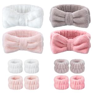 VITEVER 4 Pack Spa Headband for Washing Face with 8 Wristbands Girl Hair Band Microfiber Women Headbands Headband and wrist bands to Skincare Cosmetic Shower-White Brown Rose Pink Light Pink