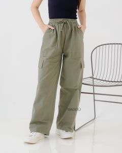 AGGU Cargo Pants Hanami - OLIVE - Celana Cargo Linen Panjang Wanita Loose Pants Highwaist