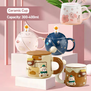 Mug/Ceramic Coffee Cup/Cangkir Set/Large Capacity Milk Cup/Coffee Cup with Lid Spoon/400ml Coffee Cup