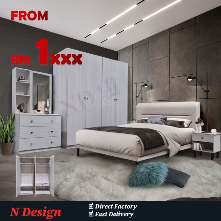 [N Design] Bedroom Set / 4 Doors Wardrobe / Bedframe Queen/ Bedside