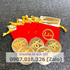 Sỉ Combo 10 Đồng xu con Rắn Vàng  1 mặt chữ Lộc chiêu tài - tặng kèm túi gấm đỏ LỘC