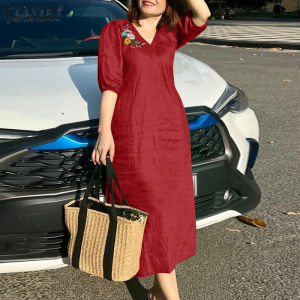 ZANZEA Womens Blouse Vintage Casual V Neck Embroidered Lantern Sleeve Casual Midi A-Line Dress #8