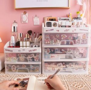 อุปกรณ์แต่งหน้า เช่น กล่องเก็บเอนกประสงค์ เพิ่มใหญ่กว้างขึ้นให้ง่าย 4 ชั้น มิตรกับเวดล้อม