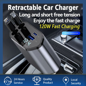 Car Charger 120W 4 in 1 Fast Charging USB Adapter Retractable Cable Suitable For All Mobile Phones
