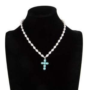 TOO AGHAST69ST7 Blue Crystal Pendant Necklace Cross Pendant Pearl Bead Choker Chain Fashion Ins Style Cross Charm Daily Wear
