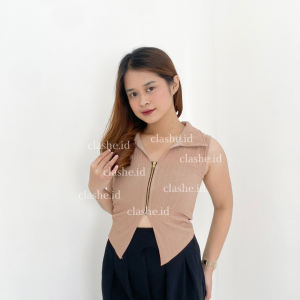 Lucia Tank Top Polo Rib Knit Resleting Depan - Atasan Tanpa Lengan Wanita Basic OOTD by Clashe