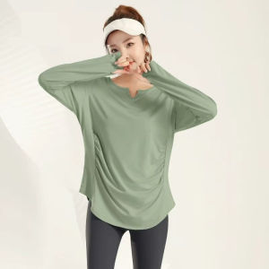 Side Pleated V Neck Fitness T-shirt Elastic Softness Long Sleeve Breathable Tops Plus Size 3XL 4XL Female Shirt