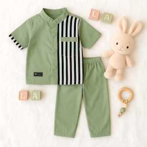 Setelan Muslim Anak Laki-Laki Desain Salur Modern Baju Dan Celana Bahan Katun Usia 1-12 Tahun