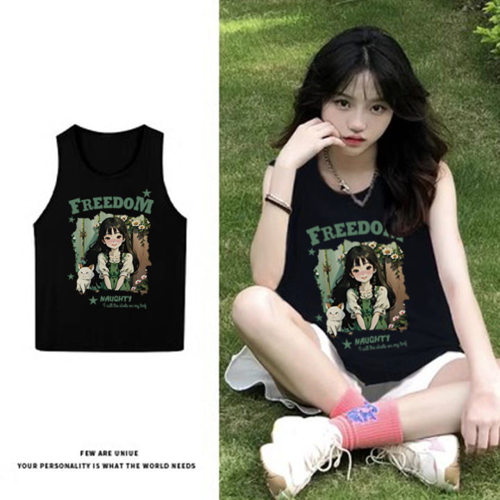 Women's T-shirt Tank Top Large Round Neck Printed Cartoon Sando Tank Top  Lazada PH