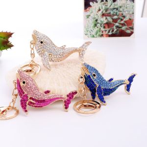 G5Q1 Metal Dolphin Key Ring Trendy Rhinestone Cartoon Whale Pendant Female Purse Bag Buckle Lovely Marine Life Key Chain Women