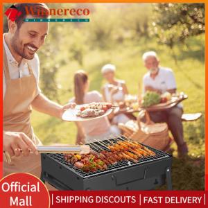 【winnereco】Stainless Steel Small Smoker BBQ Grill Multifunction Mini BBQ Tool Grill Tabletop Barbecue Grill for Beach Garden Party
