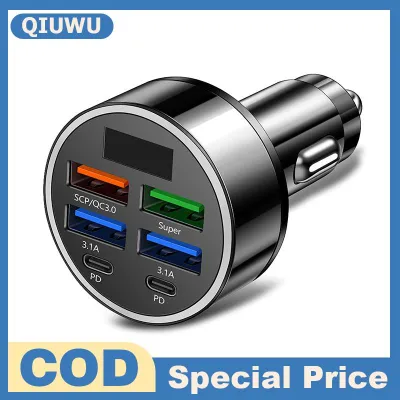 QIUWU 100W 6พอร์ต USB Type-C ที่ชาร์จในรถยนต์พร้อมจอแสดงแรงดันไฟฟ้าระบบชาร์จเร็ว PD