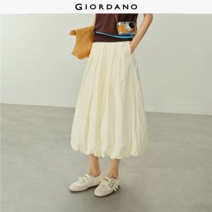 Giordano Women Lace drawstring elastic waist bubble maxi skirt Free Shipping 18466903