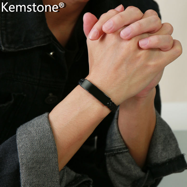 Kemstone Stainless Steel Black Leather Bangle Bracelet Men's Jewelry
