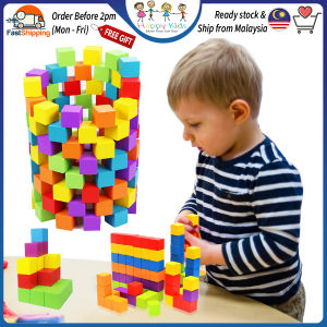 [Happy Kids] Wooden 100pcs Colorful Cube Stack Building Blocks Brick Montessori Learning Toy 正方体积木 Blok Kiub - BT56