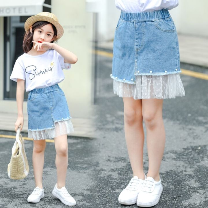 Girls Short Skirt New Summer Korean Style Solid Color Lace Pearl Kids ...