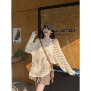 Korean Style Hollow Knit Top with Asymmetrical Hem Elegant Off Shoulder Top Loose Fit Fashionable Sweater