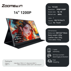 【Local Warehouse 】ZOOMEDIN 14/15.6/18.5/21.5/23.8 Portable Monitor Professional Level E-Sports And Designer Level Color Rendering Laptop Extender Monitor for PS5/4 Xbox Switch Phone PC.