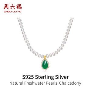 ZHOU LIU FU 周六福 S925 Sterling Silver Freshwater Pearls Necklace Natural Green Chalcedony Teardrop Pendant Elegant Gemstone Jewelry for Women 45CM X0615478