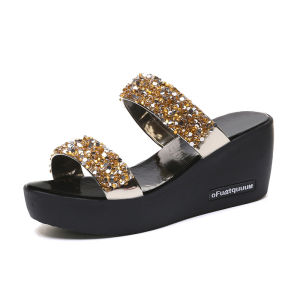[Free Shipping] WomenS Sequin Sandals New Summer Style Wedge Heel One-Strap Design Mid-Heel Casual Sandals For Students Suitable For Outdoor Wear And Beach Use