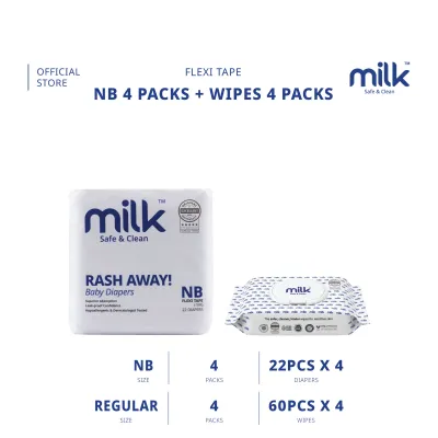 MILK Lampin Bayi Flexi Tape NB S M L XL (4 packs) + MILK Water Wipes Regular Pack (4 packs)