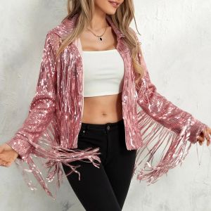 Womens Sequins Fringed Dance Performance Bomber Jackets Autumn Silver Shiny Tassels Cardigans 70s Hippie Sparkly Coats