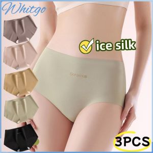 กางเกงในผ้าไหมน้ำแข็ง3ชิ้นสำหรับผู้หญิงกางเกงในเอวสูงสะดวกสบายต้านเชื้อแบคทีเรียกางเกงไร้รอยต่อระบายอากาศได้ในฤดูร้อน