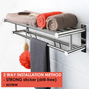 Bathroom Towel Rack - SUS304 Stainless Steel Rustproof Double Towel Bar & 5 Hooks Shower Room Organizer Bathroom Storage for Towels
