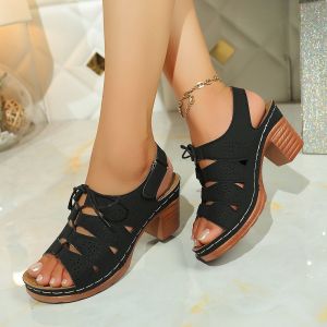 Plus Size Peep-Toe Sandals 2026 Summer New Style Velcro Hollow Lace-Up Fashion High-Heel Sandals For Women In Stock
