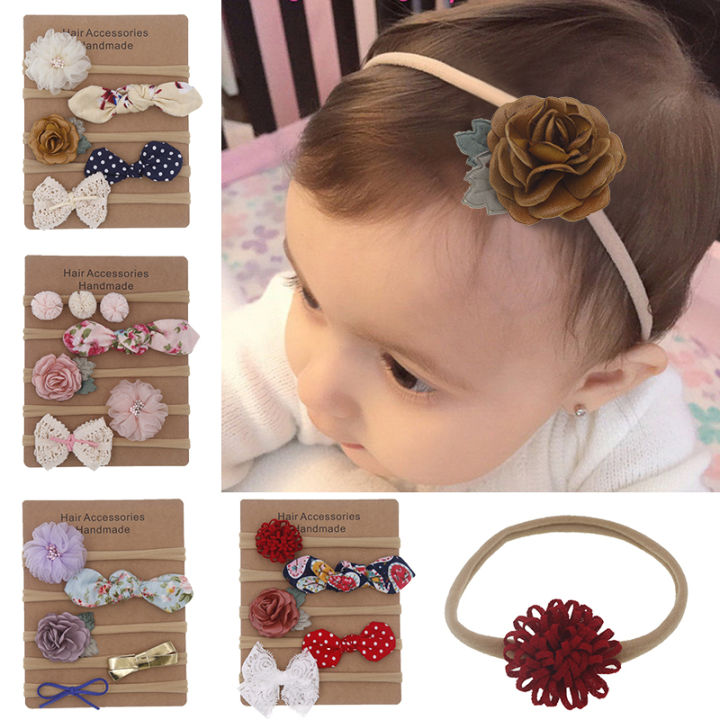 5Pcs/Set Nylon Baby Headband Flower Bows Elastic Kids Turban Newborn Infant  Toddler Hair Bands For Girls Baby Hair Accessories
