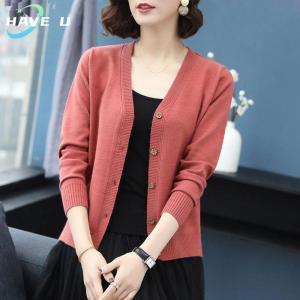 HAVE U Solid Color Knitted Cardigan Womens Knitted V-neck Cardigan Coat Long-sleeve Sweater Cardigan