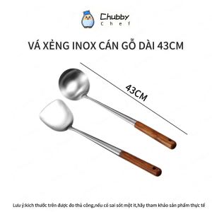Vá inox xẻng xào inox Cao cấp cán gỗ dài 43cm loại dày Chubby Chef thân dài liền và chống nóngvá canh xẻng xào thức ăn