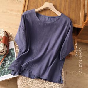 LUCKIN STORE Women‘s Cotton Linen Top Round Neck Short Sleeve Blouse Casual Solid Color Shirt Plus Size Summer New Blouse