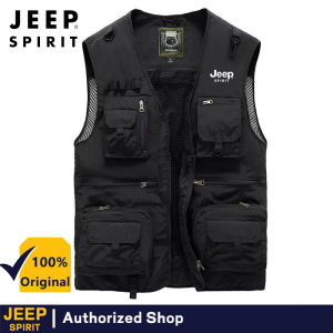 JEEP SPIRIT Mens Vest Fishing Mesh Multi Pocket Thin Vest Outdoor Leisure Mountaineering Shoulder Work Clothes