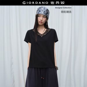 GIORDANO Women T-Shirt Hollow Out V Neck T-Shirt Casual Stylish Trendy Elegant Comfortable Fashion Classic 18326216