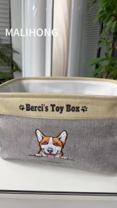 Custom Dog Basket for Toys Collapsible Storage Bin Grey Brow Pink Purple Blue RectangularStorage Organizer with Handles Medium Personalized Pets Name