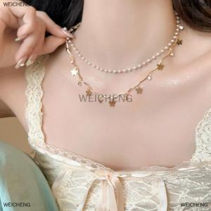 [COD] WEICHENG Luxury Crystal Pearl Butterfly Tassel Necklace For Women Elegant Double Layer Clavicle Chain Necklace Party Wedding Jewelry