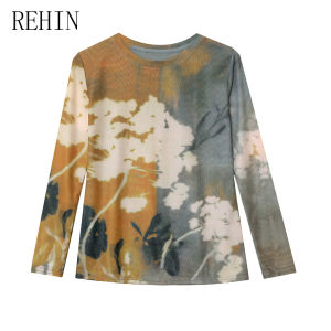 REHIN Autumn/Winter New Fashion Floral Mesh Long-Sleeve Round-Neck Slim Fit T-Shirt Elegant Womens Top