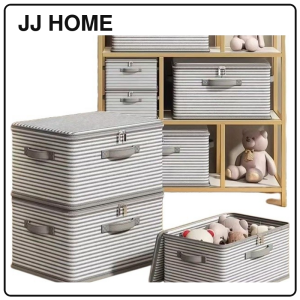 【JJ HOME】 Striped Fabric Storage Bin with Lid & Handles Foldable Home Organiser 45L/50L