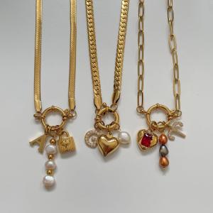 Paper clip base titanium steel chain real gold removable vacuum plating furnace pearl 18k ring open spring buckle h2609