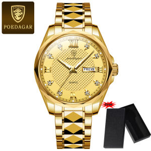 【With Box】POEDAGAR Brand Original Watches Fashion Mens Watches Luxury Brand Male Business Casual Luminous Calendar Stainless Steel Strap Quartz Waterproof Watches Clock Gifts 998G