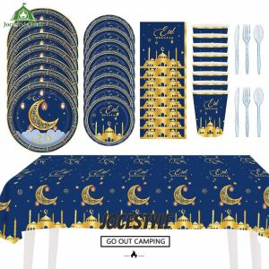 [Jocestyle Mall] Ramadan Mubarak Tableware Set for 16 Guests Eid Mubarak Tableware Set Include Dinner Plates Cups Napkins Tablecloth for Table Decorations