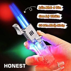 HCM Bật Lửa Khè 4 Tia Xài Gas Honest Lộ Thiên Có Đèn Led Nhấp Nháy