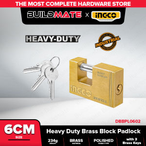 Buildmate x INGCO Heavy-Duty Brass Block Padlock Anti-Theft High Security Outdoor Keyed Door Lock with 3pcs Brass Keys - Sold Per Piece