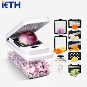 iETH 7-in-1 สับผัก Dicer - เครื่องเตรียมอาหารมัลติฟังก์ชั่นในครัวพร้อมที่ใส่นิรภัย ตะกร้าท่อระบายน้ําและฝาครอบสด ตัวประหยัดอวกาศสําหรับห้องครัวไทยขนาดเล็ก