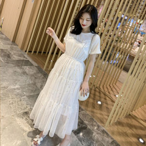 Western style mesh fairy dress fake two piece summer European style fashionable princess dress spliced medium length sequin slimming dress