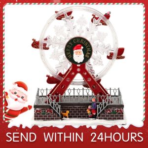 （COD）27CM Christmas Rotating Resin Luminous Music Box Ornaments Rotating Small Train Christmas Village House Christmas Gift