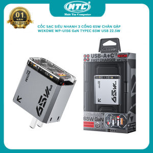 Cốc sạc siêu nhanh 3 cổng WEKOME WP-U156 GaN 65W hỗ trợ typeC 65W và USB 22.5W - thiết kế trong suốt sạc được cả laptop (xám) Nhất Tín Computer