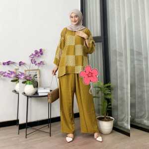 BELLA ONE SET M L XL XXL Setelan Dewasa Tunik Muslimah Bahan Adem Dingin Katun Rayon Oneset Jumbo LD 125CM Premium Celana Kulot Wanita Terbaru Full Karet Long Tunik Busui Oneset Santai Baju Santai Blus Jumbo Ibu-Ibu Busui Friendly Sleting Depan Setelan